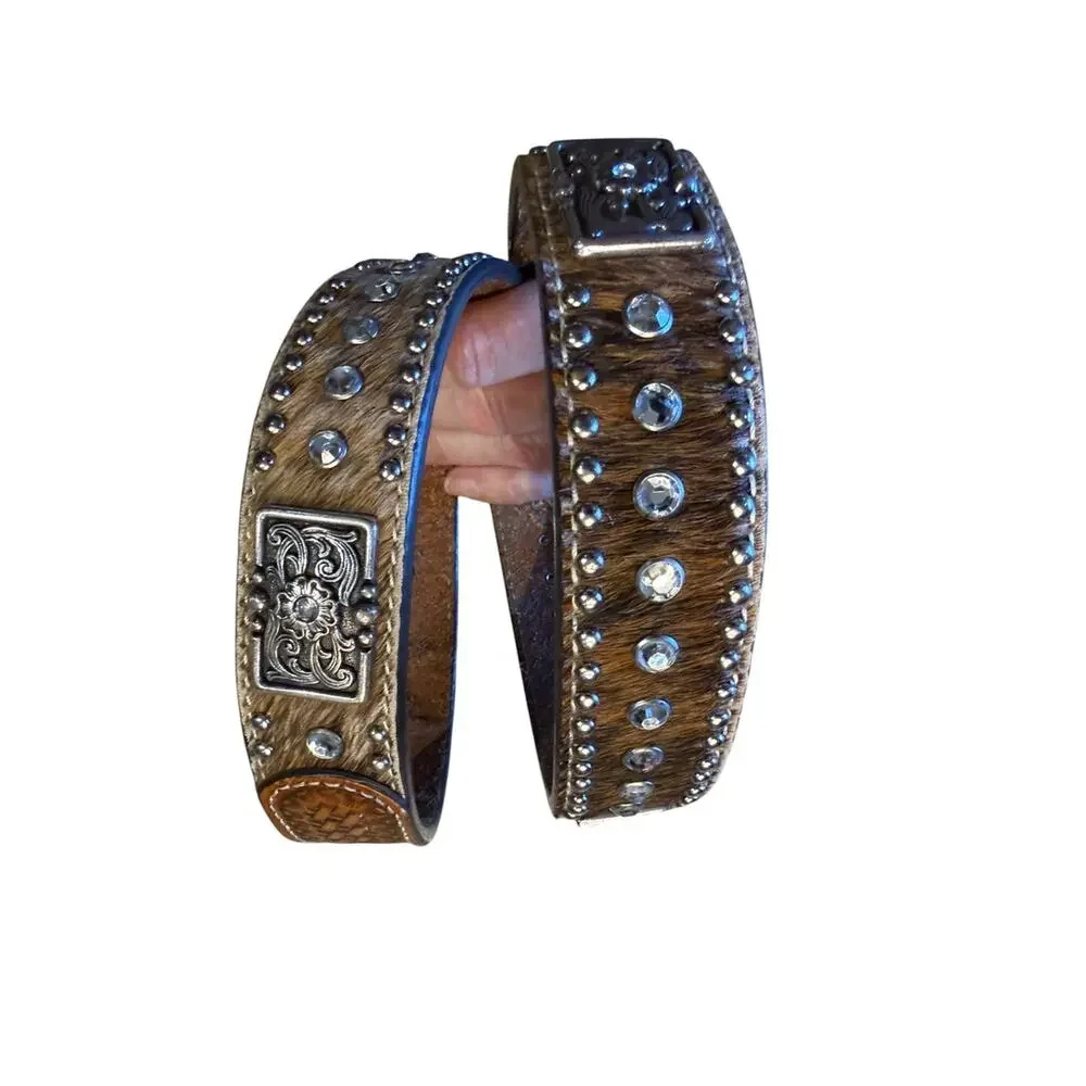 Studded Brown Hair-on Leather Belt with Crystal Accents Size 28 (no buckle)